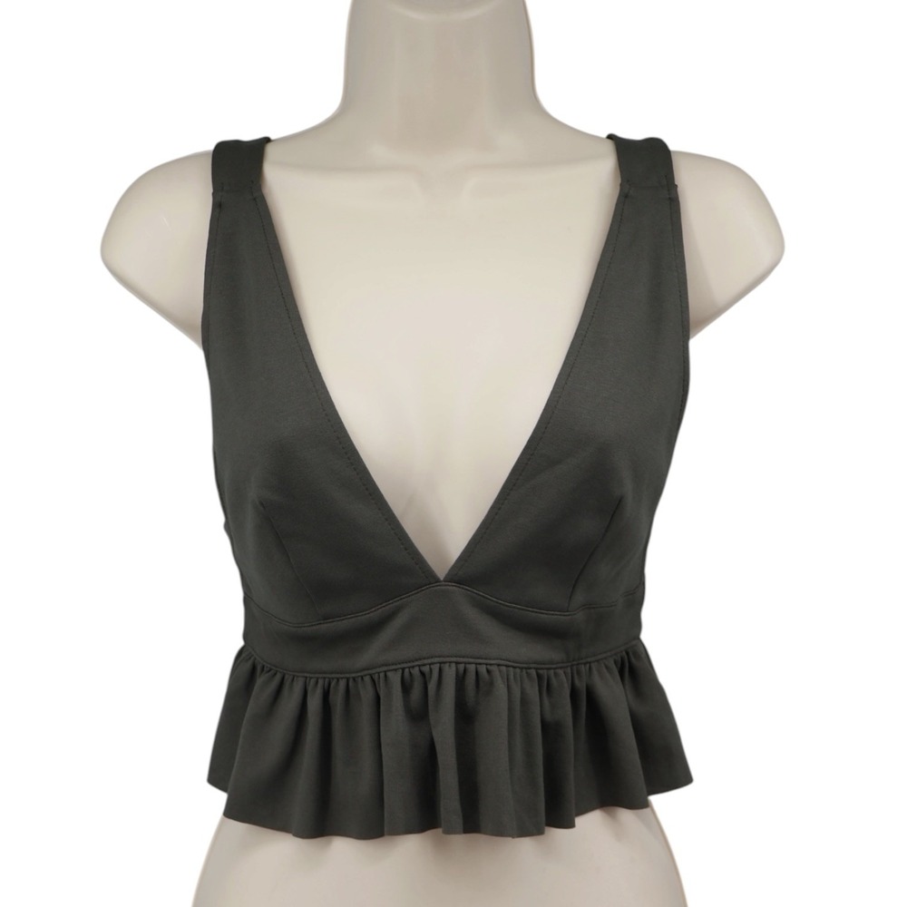 Kimchi Blue UO Olive Plunge V Peplum Crop Top S Y2K Going Out Dark Feminine EUC